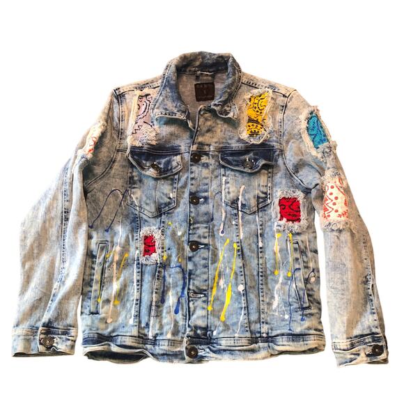 Distressed Patched Painted Acid Wash Stretch Denim Jacket Mens Small Blue Seven - Picture 1 of 4